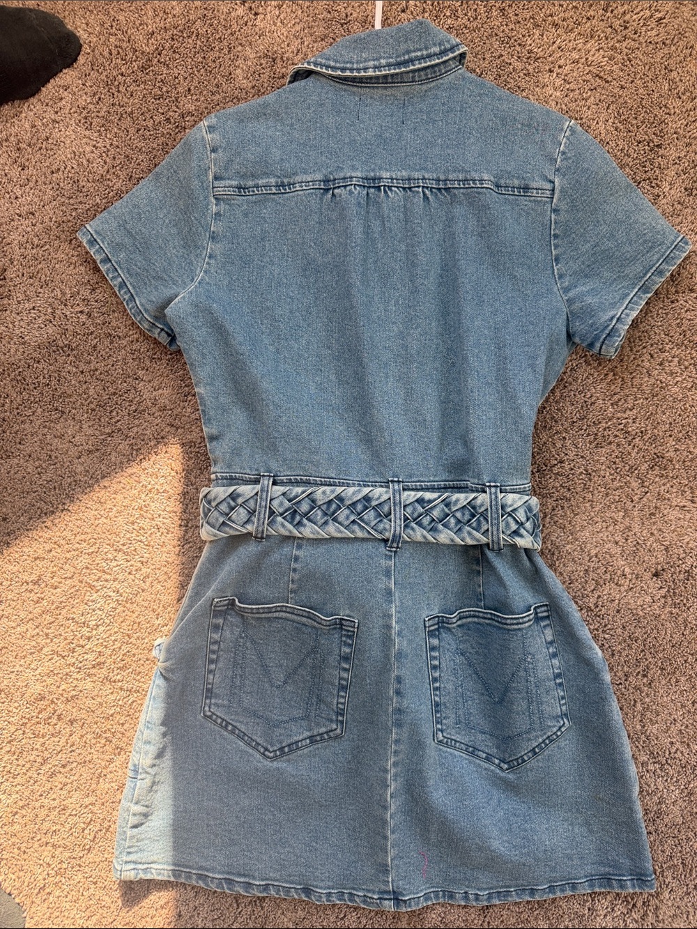 Show Me Your MuMu Light Blue Denim Short-Sleeve Zip Dress with Braided Belt - Picture 4 of 5